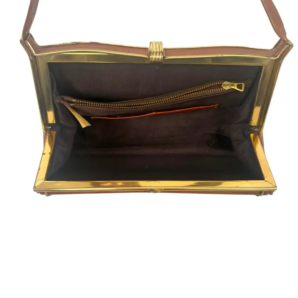 Vintage 1950s Brown Leather Frame Clutch Shoulder Bag Whipstitch